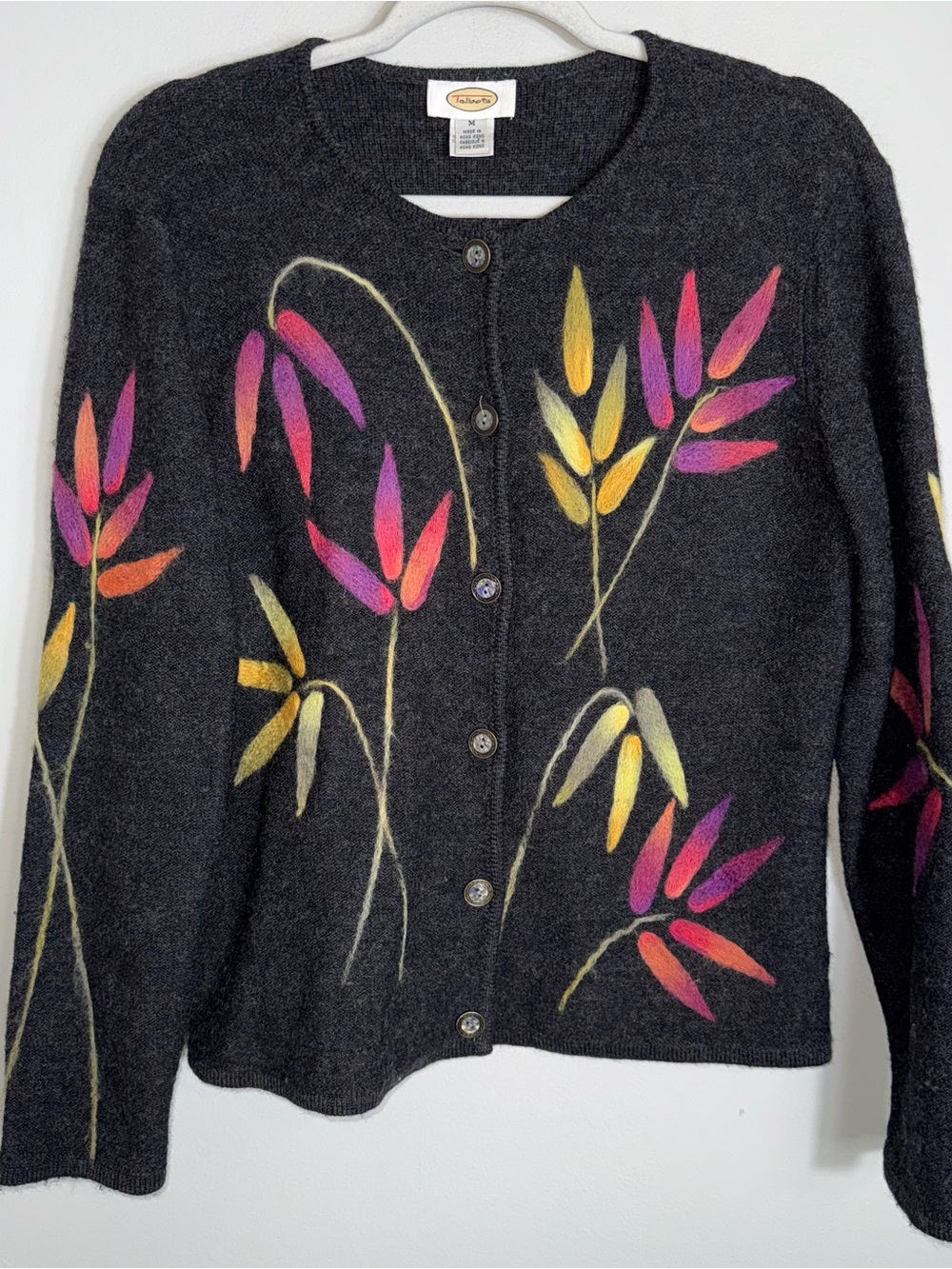 Talbots Vintage Wool Cardigan Sweater-Gray Colorful Floral-Size Medium